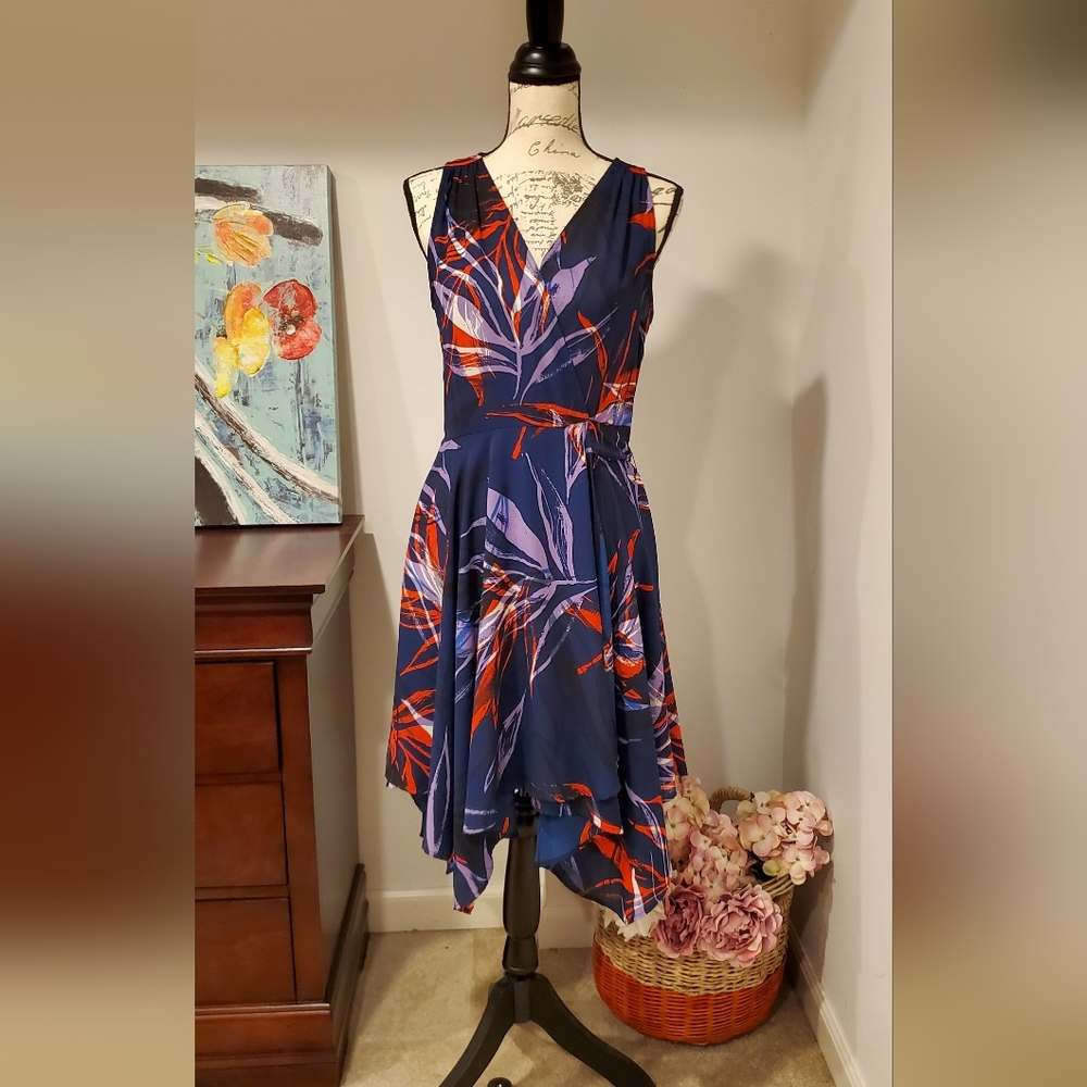 ALLISON JOY Women Sleeveless Navy Blue/ Orange Wrap Floral Dress Size XS.